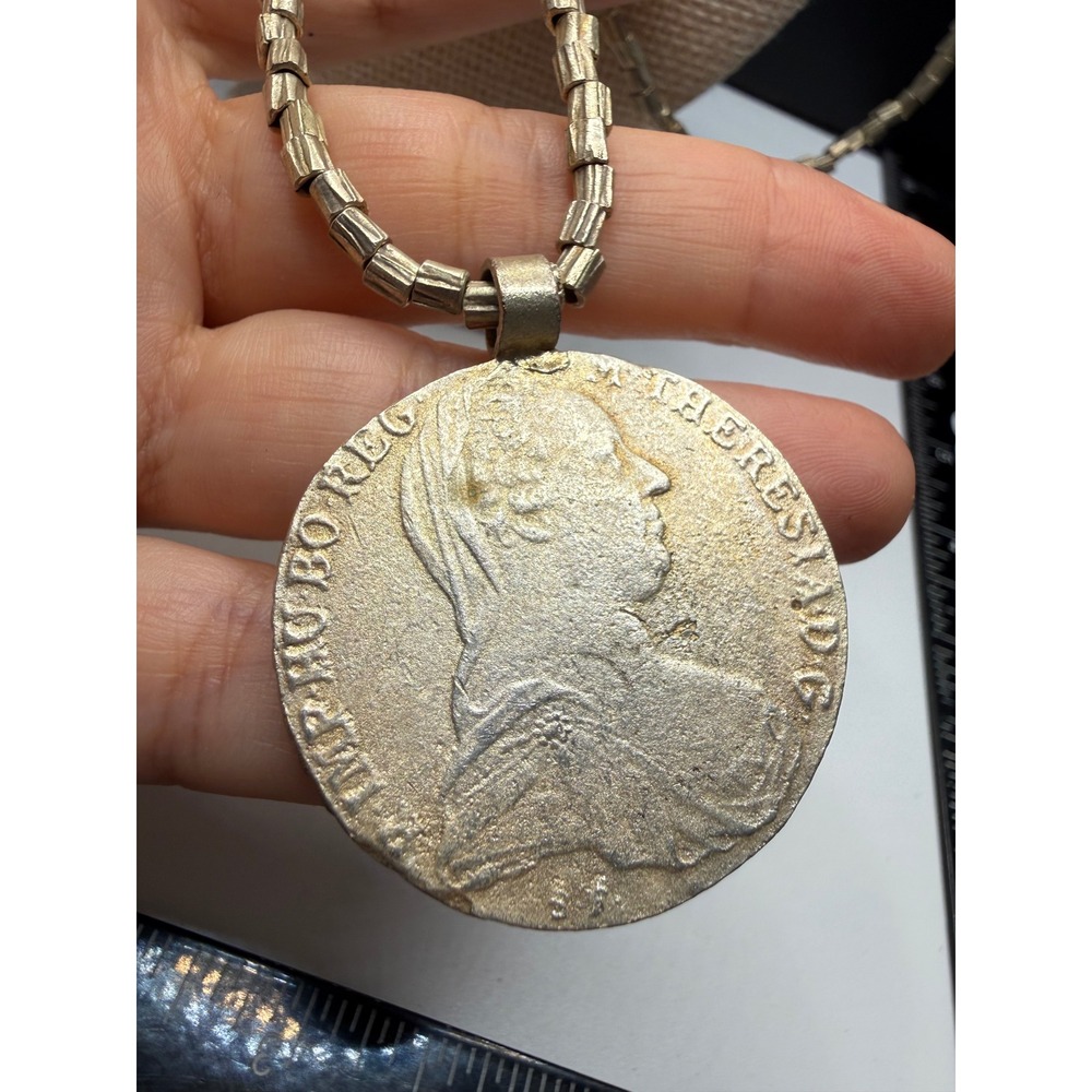 Maria Theresa Thaler Coin Pendant Necklace Silver Tone Boho Statement 28 Inch
